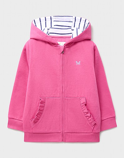 Frill Pocket Zip Through Hoodie in Bright Pink