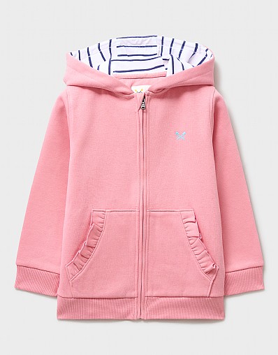 Frill Pocket Zip Through Hoodie in Light Pink