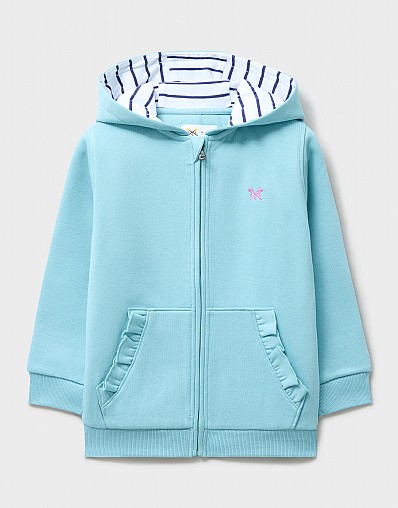 Frill Pocket Zip Through Hoodie in Mint Blue