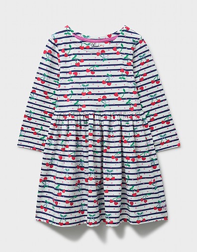 Cherry Printed Jersey Dress in Navy and White Stripe