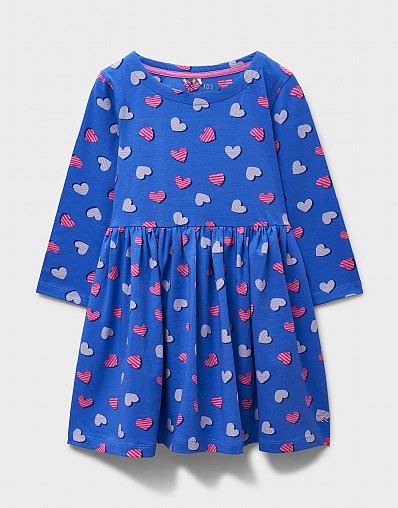Classic Long Sleeve Heart Printed Jersey Dress in Blue