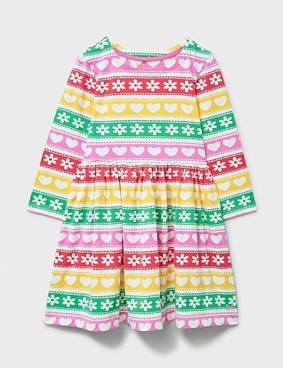 Classic Long Sleeve Heart & Flower Printed Stripe Dress