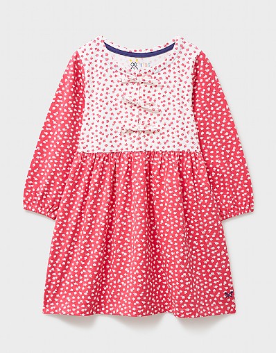 Floral Printed Bow Detailed Jersey Dress in Red and White