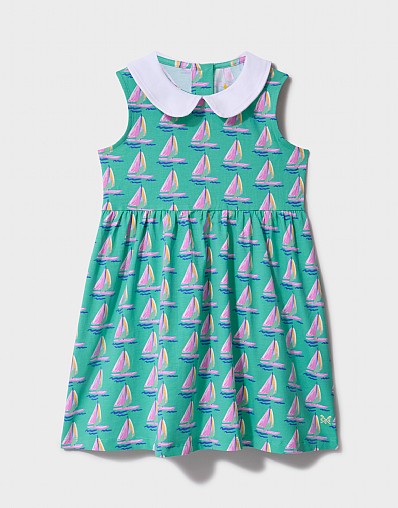 Cotton Jersey Peter Pan Collar Dress in Aqua Boat Print
