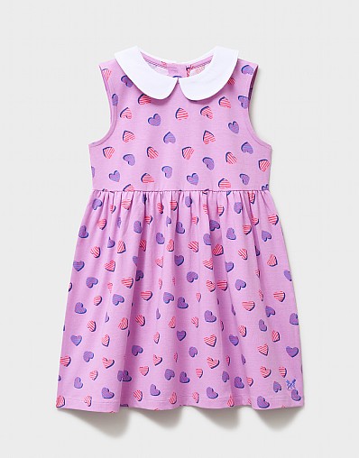 Cotton Jersey Peter Pan Collar Dress in Lilac Heart Print