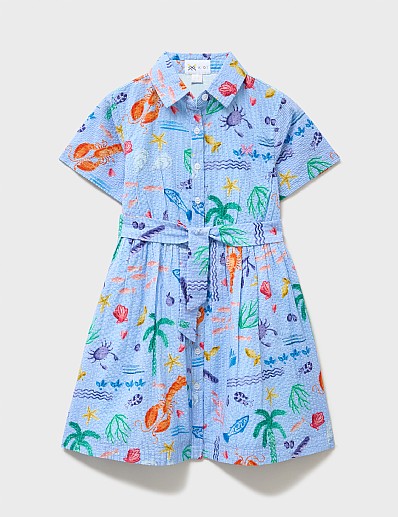 Sea Creature Printed Shirt Dress in Blue