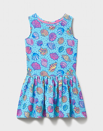 Sleeveless Jersey Shell Printed Dress in Blue