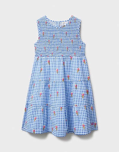 Shirred Cotton Midi Dress in Blue Gingham Print