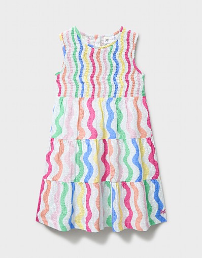 Shirred Cotton Midi Dress in Rainbow Stripe Print