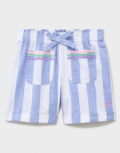 Woven Paperbag Shorts with Pocket Trim in Blue Stripes