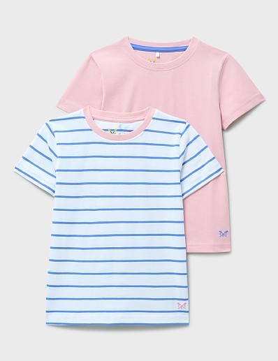 2 Pack Plain & Stripe Crew Tees in White & Pink