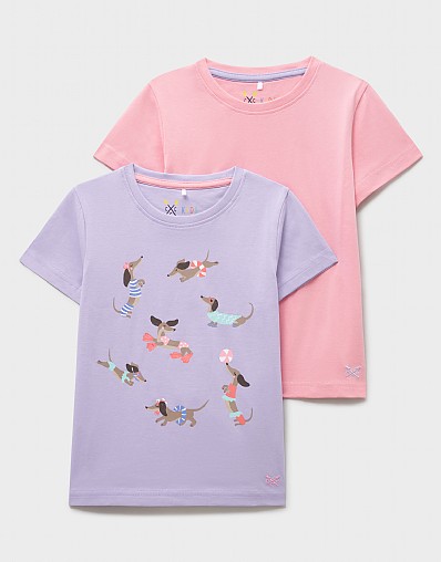2 Pack Plain and Graphic Print T-Shirt in Lilac & Pink