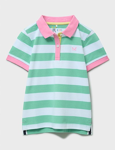 Short Sleeve Cotton Pique Polo Shirt in Green and Blue Stripe