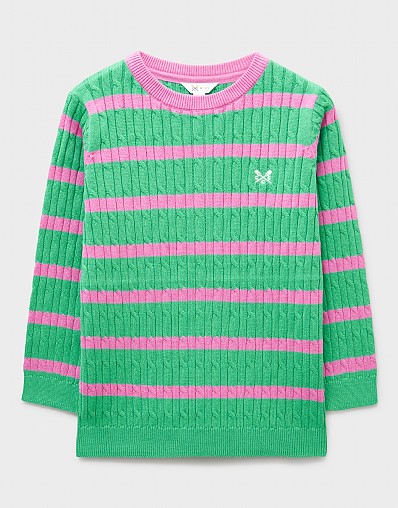 Heritage Cotton Cable-Knit Jumper in Green & Pink Stripe