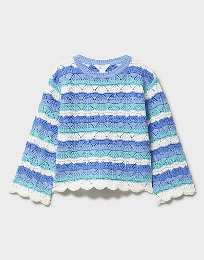 Scalloped Pointelle Jumper in Blue & White Stripe