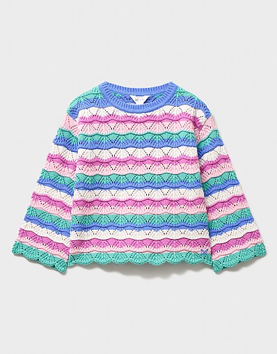 Scalloped Pointelle Jumper in Rainbow Stripes