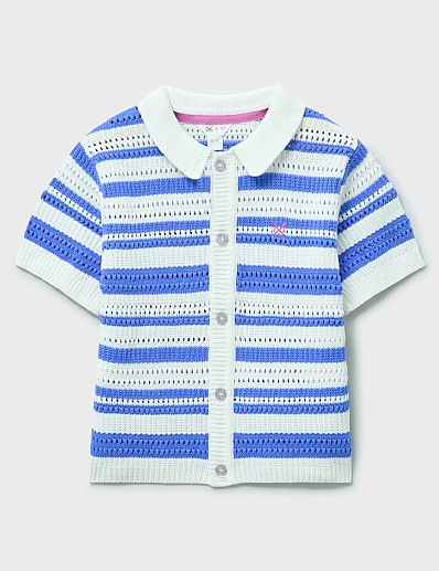 Pointelle Stripe Collared Cardigan in Blue and White