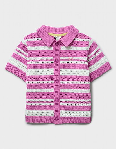 Pointelle Stripe Collared Cardigan in Pink and White