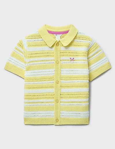 Pointelle Stripe Collared Cardigan in Yellow and White