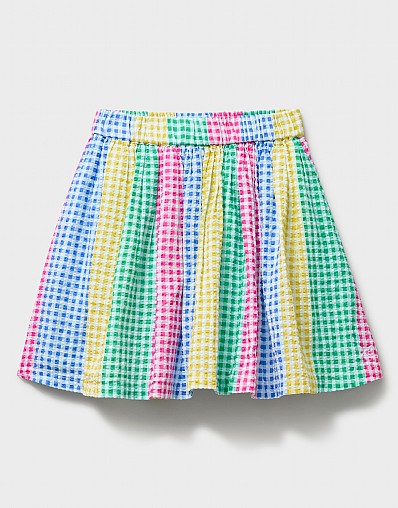 Panelled Pull-On Cotton Skirt in Gingham Seersucker