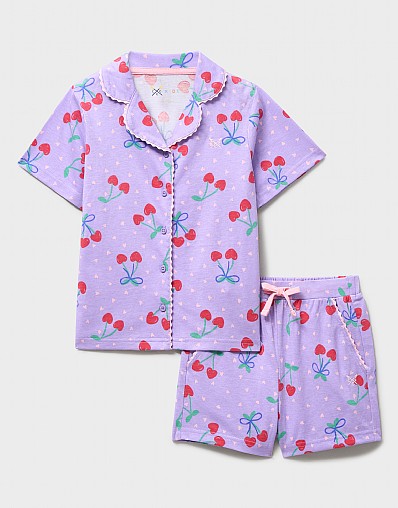 Striped Cotton PJ Shorts Set in Lilac Cherry Print