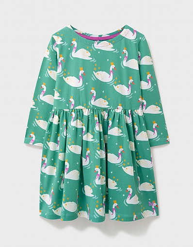 Long Sleeve Swan Printed Jersey Dress in Green