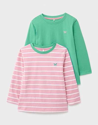 2 Pack Long Sleeve Crew Cotton T-Shirts in Green and Pink Stripe