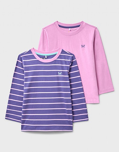 2 Pack Long Sleeve Crew Cotton T-Shirts in Pink and Purple Stripe