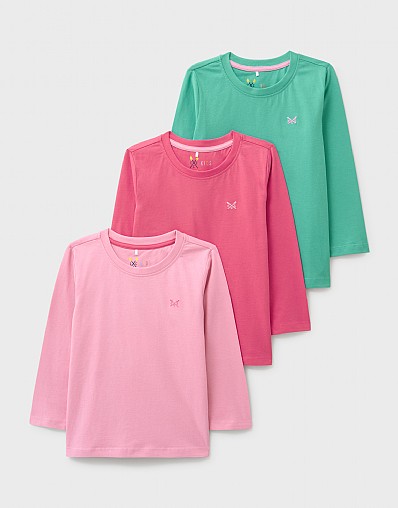 3 Pack Long-Sleeve Classic Crew Tees in Pink and Aqua