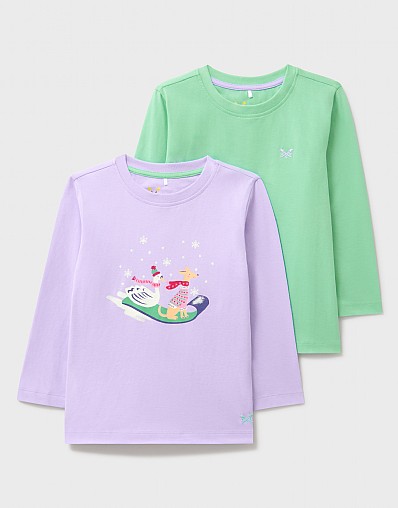 2 Pack Long-Sleeve Plain & Graphic Crew Tees in Lilac & Aqua