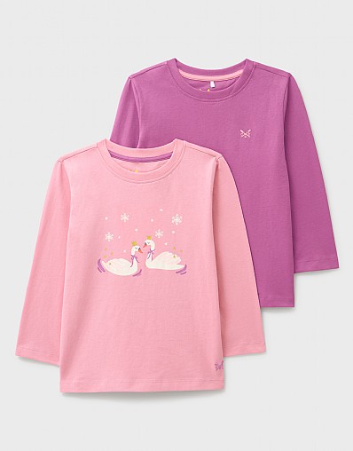 2 Pack Long-Sleeve Plain & Graphic Crew Tees in Pink & Purple