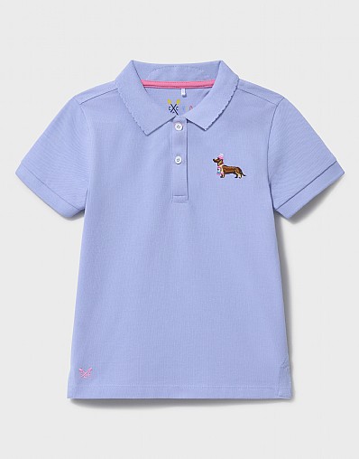 Scalloped Embroidered Pique Polo Shirt in Dusty Blue