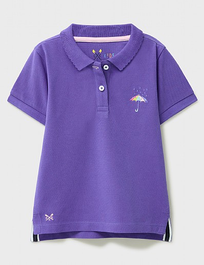 Embroidered Polo with Scallop Edge Collar in Purple