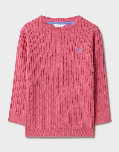 Heritage Cable Cotton Crew Neck Jumper in Coral