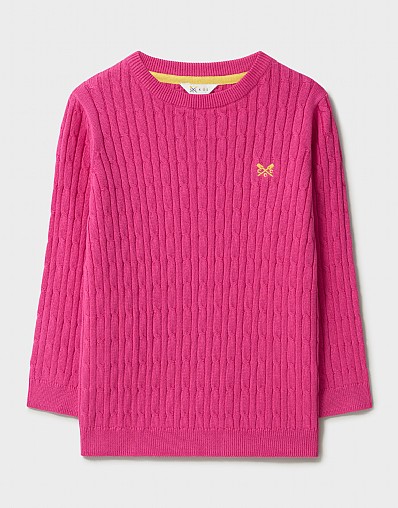 Heritage Cable Cotton Crew Neck Jumper in Pink