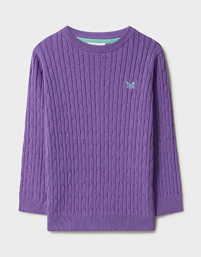 Heritage Cable Cotton Crew Neck Jumper in Purple