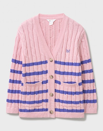 Cable Cricket Cardigan in Pink with Blue Stripes