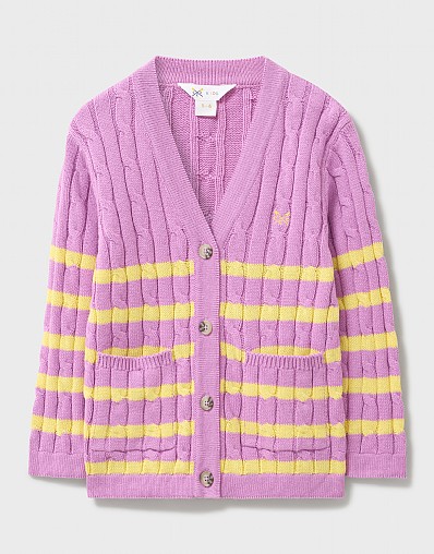 Cable Cricket Cardigan in Pink with Yellow Stripes