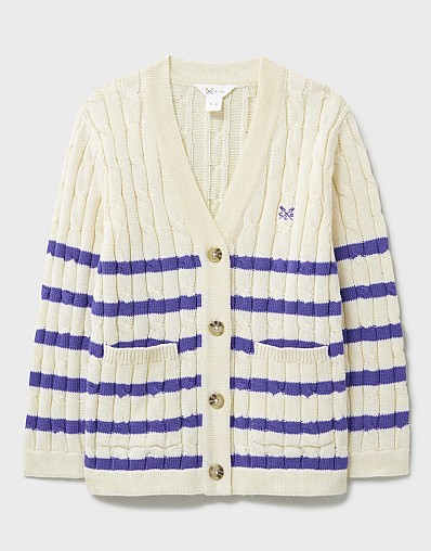 Cable Cricket Cardigan in White with Blue Stripes