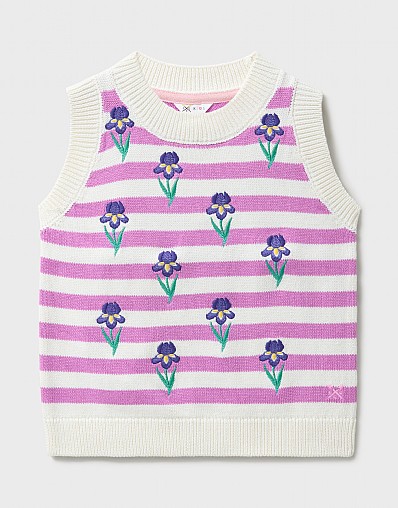 Embroidered Knitted Cotton Vest in White with Pink Stripes