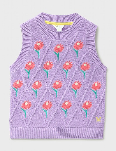 Embroidered Knitted Cotton Vest in Purple