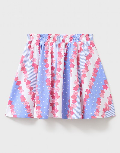 Cotton Jersey Pull On Full Skirt in Blue and Pink Floral Print