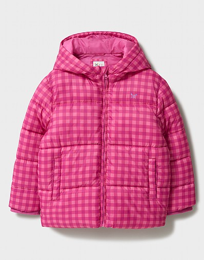 Short Cosy Midweight Puffa in Pink Check