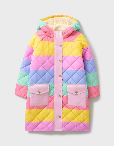 Quilted Lightweight Longline Coat in Rainbow Stripe