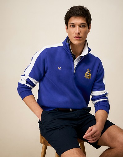 Henley Embroidered Back Half Zip Sweatshirt in Blue and White