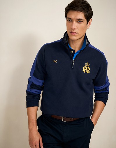 Henley Embroidered Back Half Zip Sweatshirt in Navy and Blue