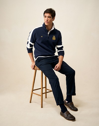 Henley Embroidered Back Half Zip Sweatshirt in Navy and White