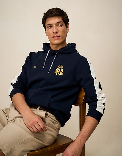 Henley Pique Sleeve Panel Hoodie in Navy and White