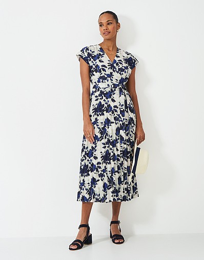 Henley Wrap Front Print Pleated Dress in White Floral