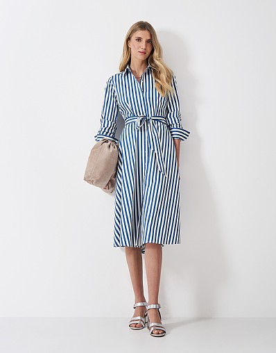 Henley Stripe Shirt Dress in White and Blue